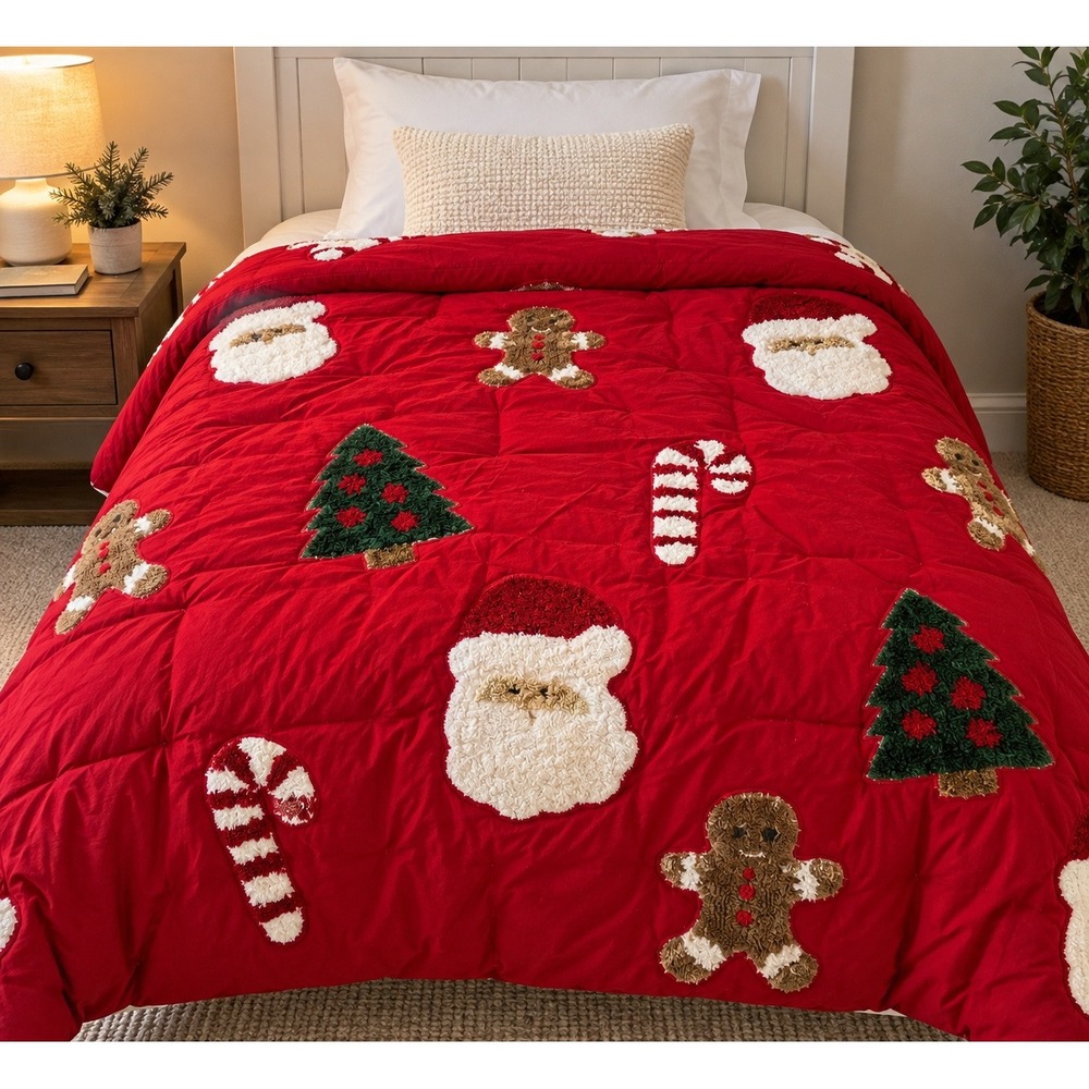 Pottery Barn Kids Christmas Comforter Twin Red Santa Gingerbread Chenille Raised